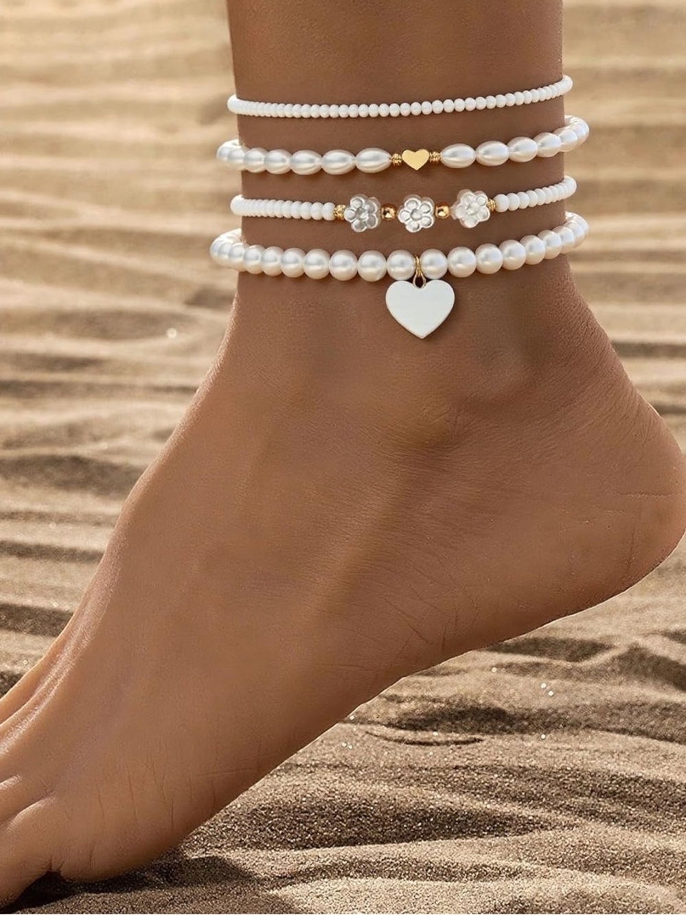 White Beaded Multi-Layer Anklet Set with Heart Charm